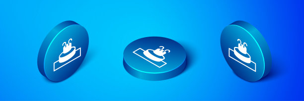 等距喷泉图标孤立在蓝色背景。蓝色圆按钮。向量图片下载