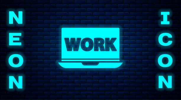 发光的霓虹灯笔记本电脑与文字工作图标隔离在砖墙背景。矢量图图片下载