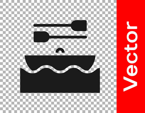 黑色的船与桨图标隔离在透明的背景。水上运动，极限运动，度假，度假，团队建设。向量图片下载