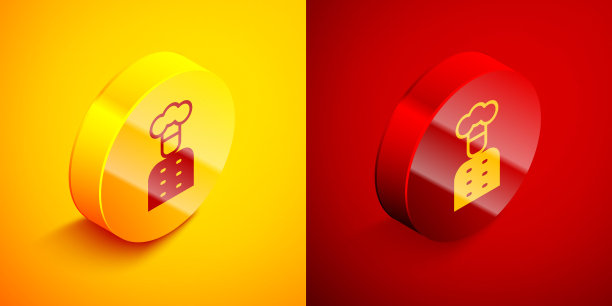 等距意大利厨师图标孤立在橙色和红色背景。圆按钮。向量图片下载