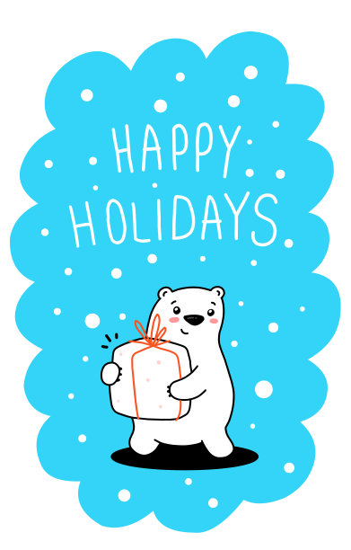 可爱的卡通白熊矢量插图与目前的蓝色背景与雪，文字，框架。快乐可爱的小熊。图片下载