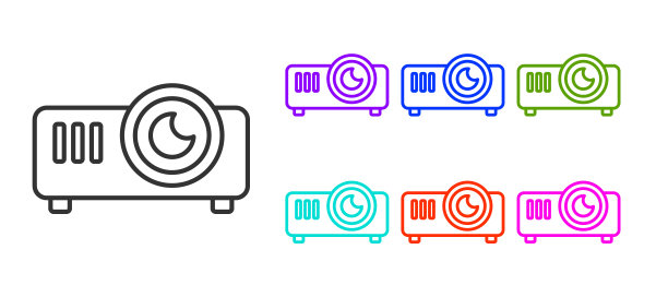 黑线表示，电影，电影，媒体投影仪图标孤立在白色背景。设置图标丰富多彩。矢量图图片下载
