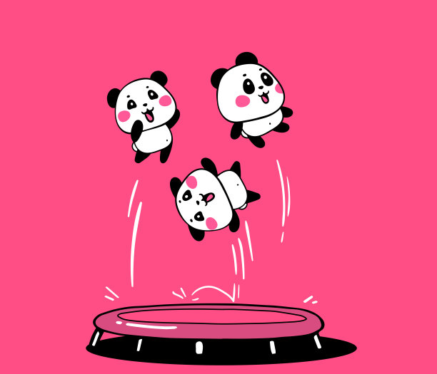 矢量插图的可爱的卡通熊猫跳在蹦床上粉红色的背景。快乐可爱的熊猫高高地飞在空中。图片下载