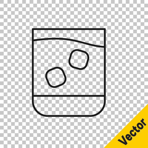 黑线玻璃杯威士忌和冰块的图标隔离在透明的背景。矢量图图片下载