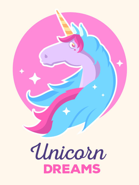 矢量插图的魔术美丽的独角兽的头与风蓝色的头发和角在粉红色的背景与星星。图片下载