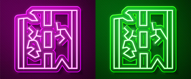 发光的霓虹灯线破碎的道路图标孤立在紫色和绿色的背景。向量图片下载