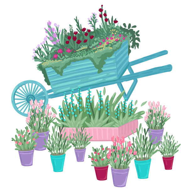 放置手推车和盆栽植物图片下载