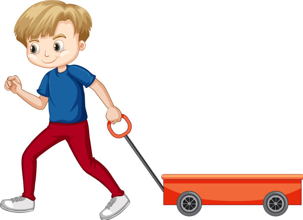 男孩拉着白色背景的红色货车图片下载