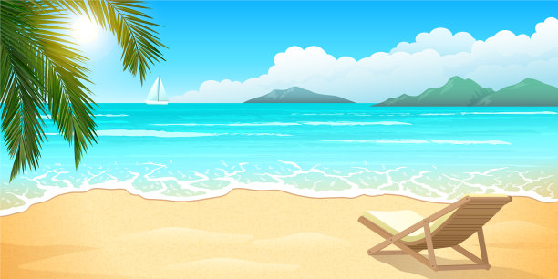 沙滩与棕榈和躺椅休息室清澈的蓝色图片下载