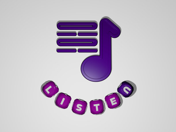 墙面上的图标和由金属立方体字母排列在镜面地板上的文本，以表达概念含义和幻灯片演示。音乐和耳机图片下载