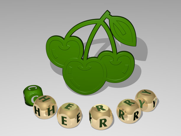 樱桃的3D表现与图标在墙上和文本安排由金属立方体字母在镜子地板上的概念含义和幻灯片演示。背景和插图图片下载