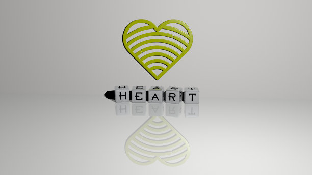 心脏的三维表现与图标在墙上和文本安排由金属立方体字母在镜子地板上的概念含义和幻灯片演示。插图和背景图片下载