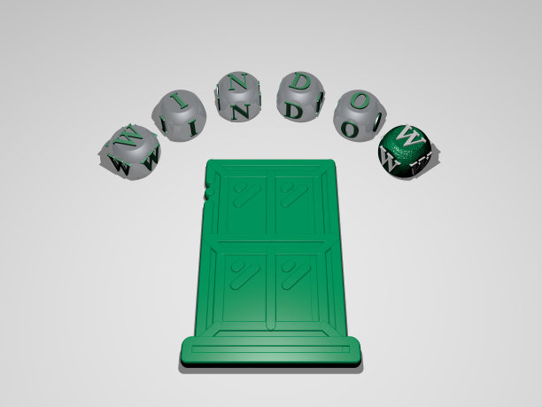 三维插图的窗口图形和文本周围的图标由金属骰子字母为相关含义的概念和表示。背景和架构图片下载