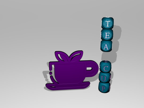 3D插图的茶杯图形和文字周围的图标由金属骰子字母为相关含义的概念和表示。背景和饮料图片下载