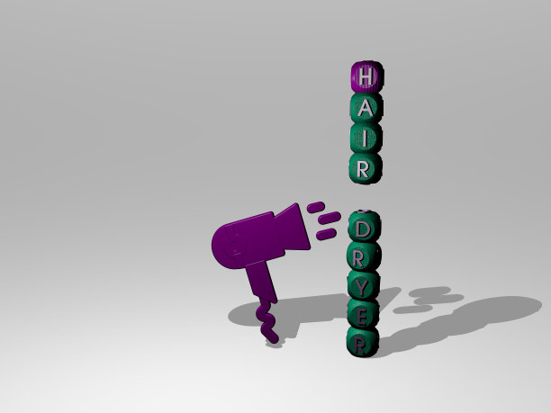 电吹风图形和文字的三维插图周围的图标制成金属骰子字母的相关含义的概念和演示。美丽的女孩图片下载