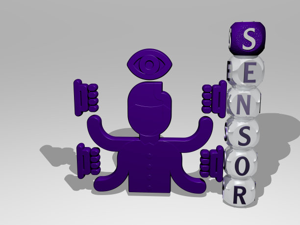 3D表示的传感器与图标在墙上和文本安排由金属立方体字母在镜子地板上的概念含义和幻灯片演示。插图和背景图片下载