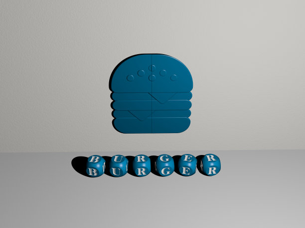 3D插画的汉堡图形和文字制作的金属骰子字母的相关含义的概念和表示。食物和背景图片下载