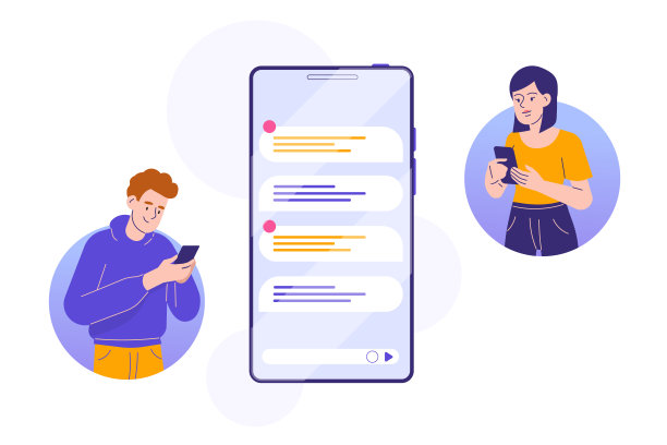 聊天的概念。虚拟关系，在线约会和社交网络。使用聊天应用程序或社交网络发送消息。两个人用手机聊天发短信。矢量图图片下载