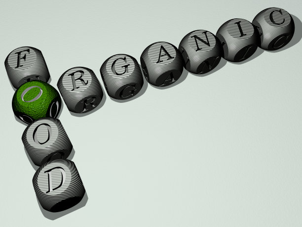 有机食品的填字游戏，由立方体字母排列在镜子地板上，概念含义和呈现。背景和插图。三维演示图片下载