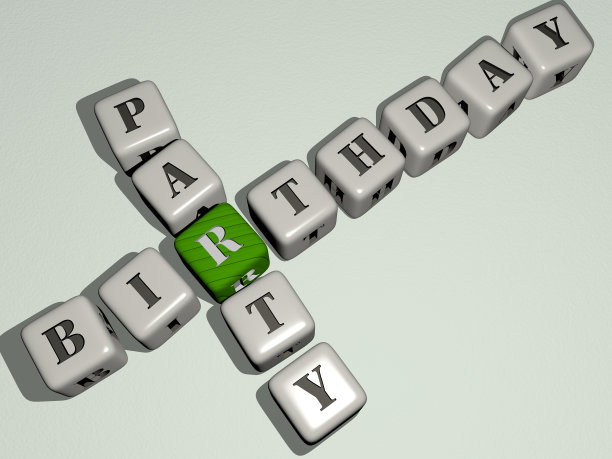 生日会由骰子字母和颜色交叉组合为相关含义的概念。背景和插图。三维演示图片下载