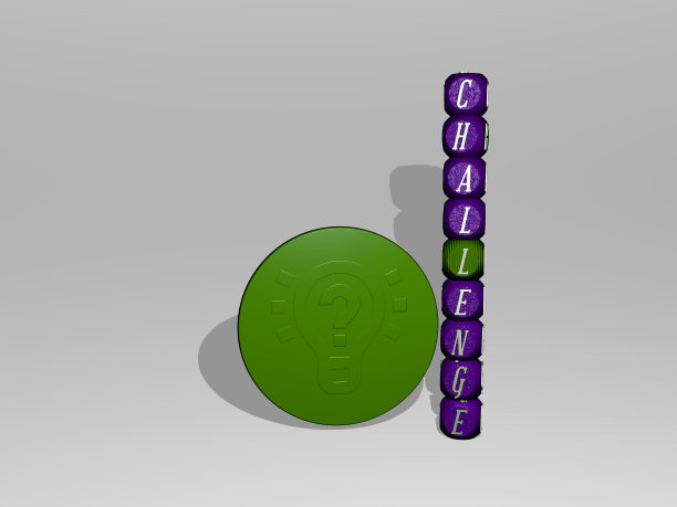 3D插图的挑战图形和文本周围的图标由金属骰子字母为相关的含义的概念和演示。业务和背景图片下载