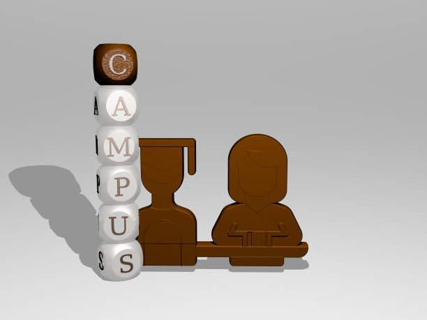 垂直校园的三维图形图像与文本建立在图标周围的金属立方体字母从顶部的视角。非常适合概念演示和幻灯片展示。大学和图片下载