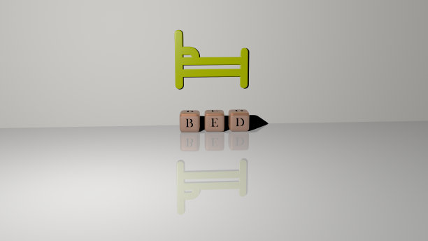 三维插图床图形和文字制作的金属骰子字母的相关含义的概念和表示。卧室和美丽图片下载