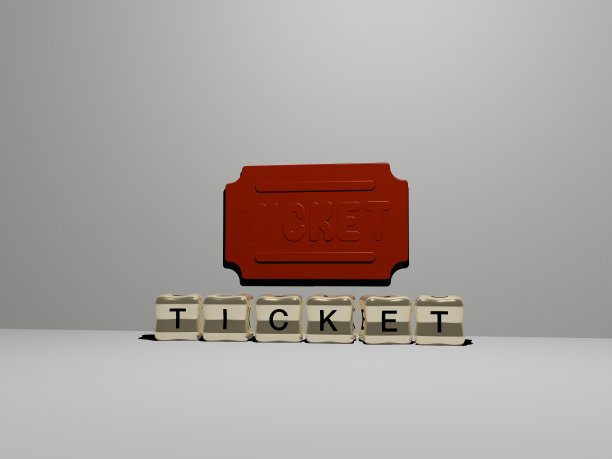 TICKET的垂直3D图形图像，以及由金属立方体字母从顶部视角构建的文本，非常适合概念演示和幻灯片。插图和背景图片下载