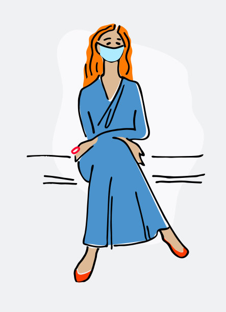 一个戴面具的年轻女子坐在长椅上的插图上。冠状病毒大流行期间的呼吸卫生概念图片下载