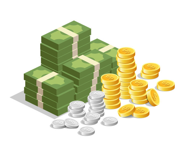 钞票上有金币和银币矢量设计孤立在白色背景上图片下载