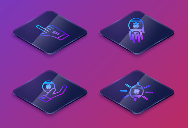 设置等距线1 1球迷手套，手指向上，美式足球，美式足球和美式足球。蓝色方块按钮。向量图片下载