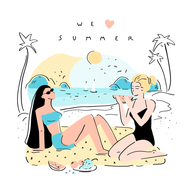 我们喜欢夏天。两个穿着泳装的女孩在海滩上。平面手绘构图与报价，海滩，日落和女人。矢量夏日和沙滩概念。图片下载