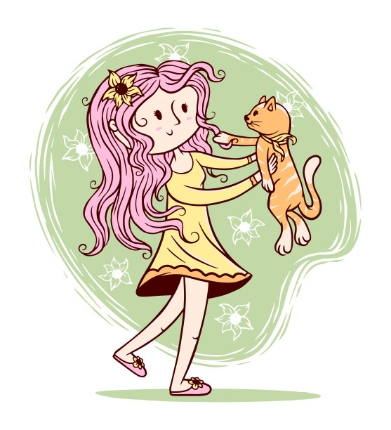 女孩和猫矢量插图图片下载