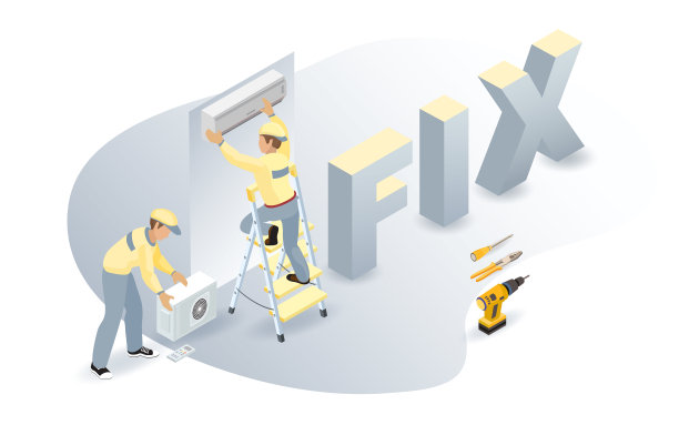 空调，工人，等距词修理。家电维修。向量。图片下载