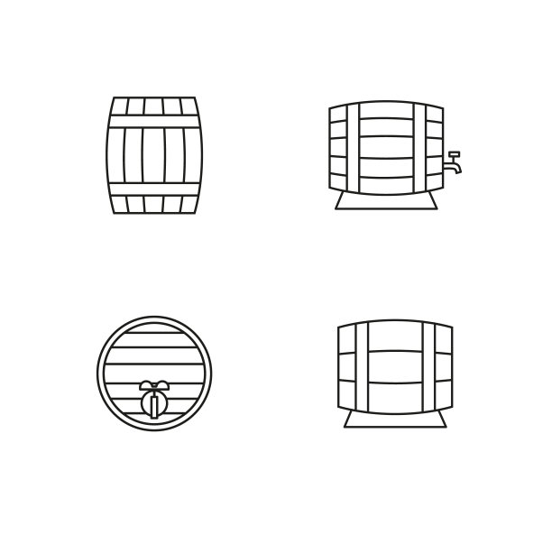 木制轮廓桶集。啤酒厂或酿酒厂线性象形图的收集。矢量图标设计图片下载