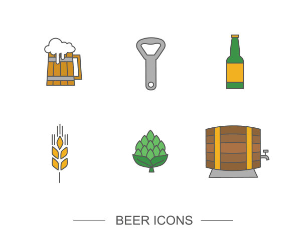平线啤酒图标的颜色。向量啤酒或啤酒相关的符号集。啤酒瓶，酒桶，小麦等等图片下载