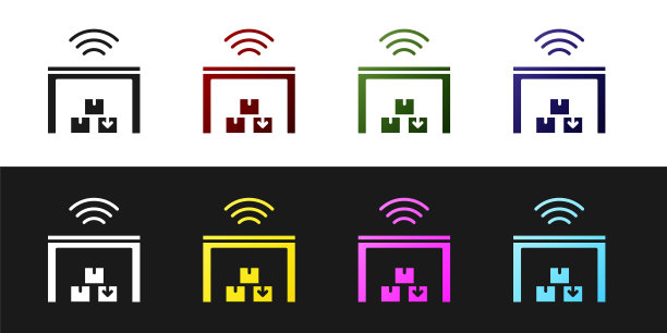 设置智能仓库系统图标隔离在黑白背景。向量图片下载