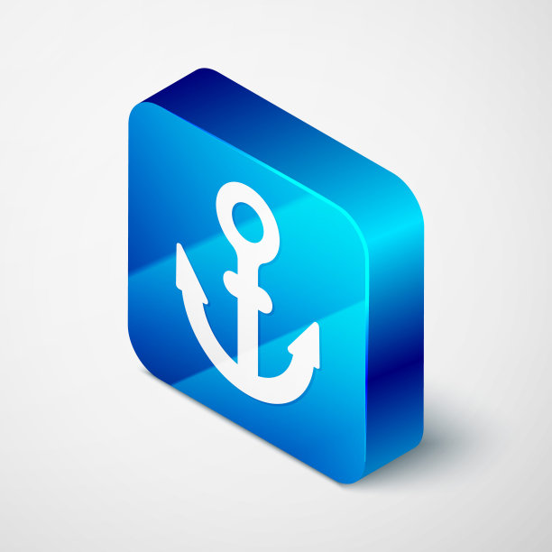 等距锚图标孤立在灰色背景。蓝色方块按钮。向量图片下载