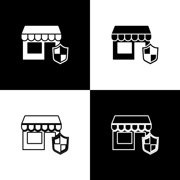 设置购物建筑与盾牌图标隔离在黑白背景。保险的概念。安全、安全、保护、保护理念。向量图片下载