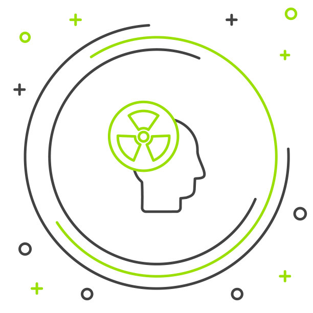 一个人的头部轮廓和一个辐射标志图标孤立在白色的背景上。色彩斑斓的轮廓的概念。向量图片下载