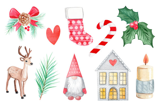 水彩圣诞斯堪的纳维亚装饰设置孤立的白色背景图片下载