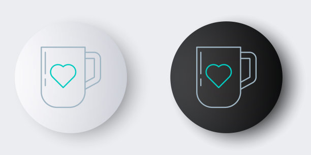 线条咖啡杯和心脏图标孤立在灰色背景。情人节的情侣咖啡。色彩斑斓的轮廓的概念。向量图片下载