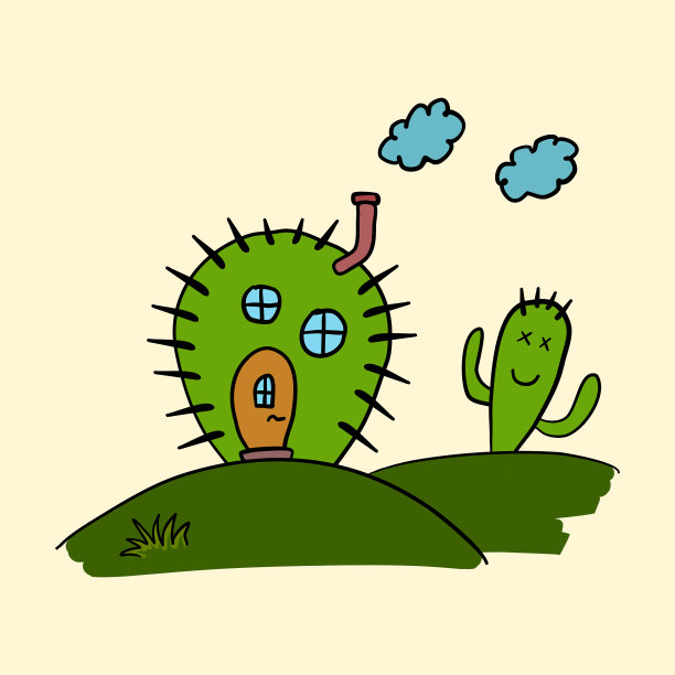 卡通仙人掌的房子。幼稚的手绘艺术。孤立矢量绘图插图。图片下载