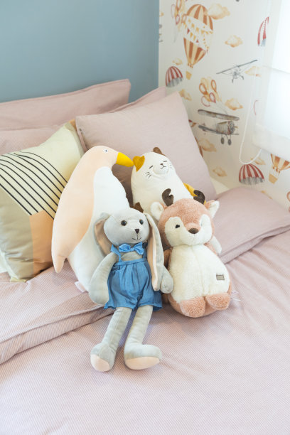 孩子的卧室里有很多动物玩偶。图片下载