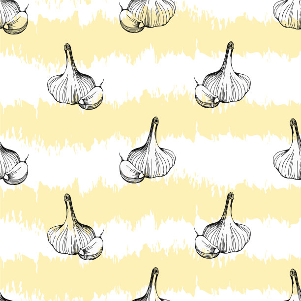 无缝图案的大蒜在黄色和白色条纹的背景。手绘插图图片下载