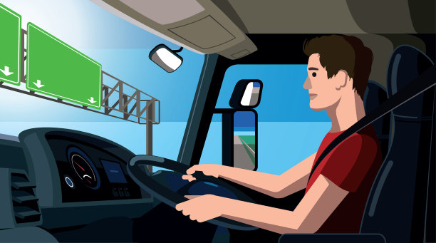 卡车司机矢量图，卡车司机坐在他的驾驶室，在驾驶轮，年轻的工人驾驶着卡车沿公路，从卡车舱内观看图片下载