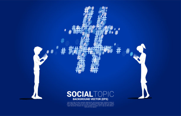 男人的剪影和使用手机和散列标签的背景。图片下载