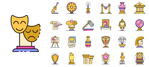 博物馆图标设置线颜色向量，轮廓风格图片下载