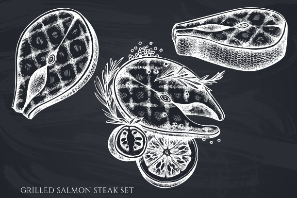 矢量一套手绘粉笔烤鲑鱼牛排图片下载