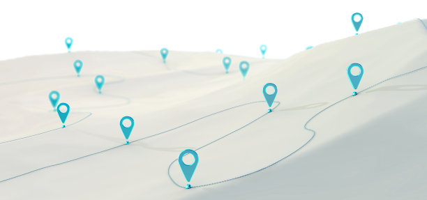 一个蜿蜒的徒步旅行路线概述与路径点的山脉- 3d插图图片下载